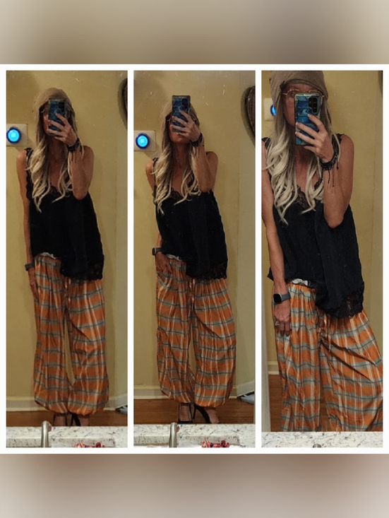 Pants - Green And Orange Plaid Summer Palloon Pants Oversized